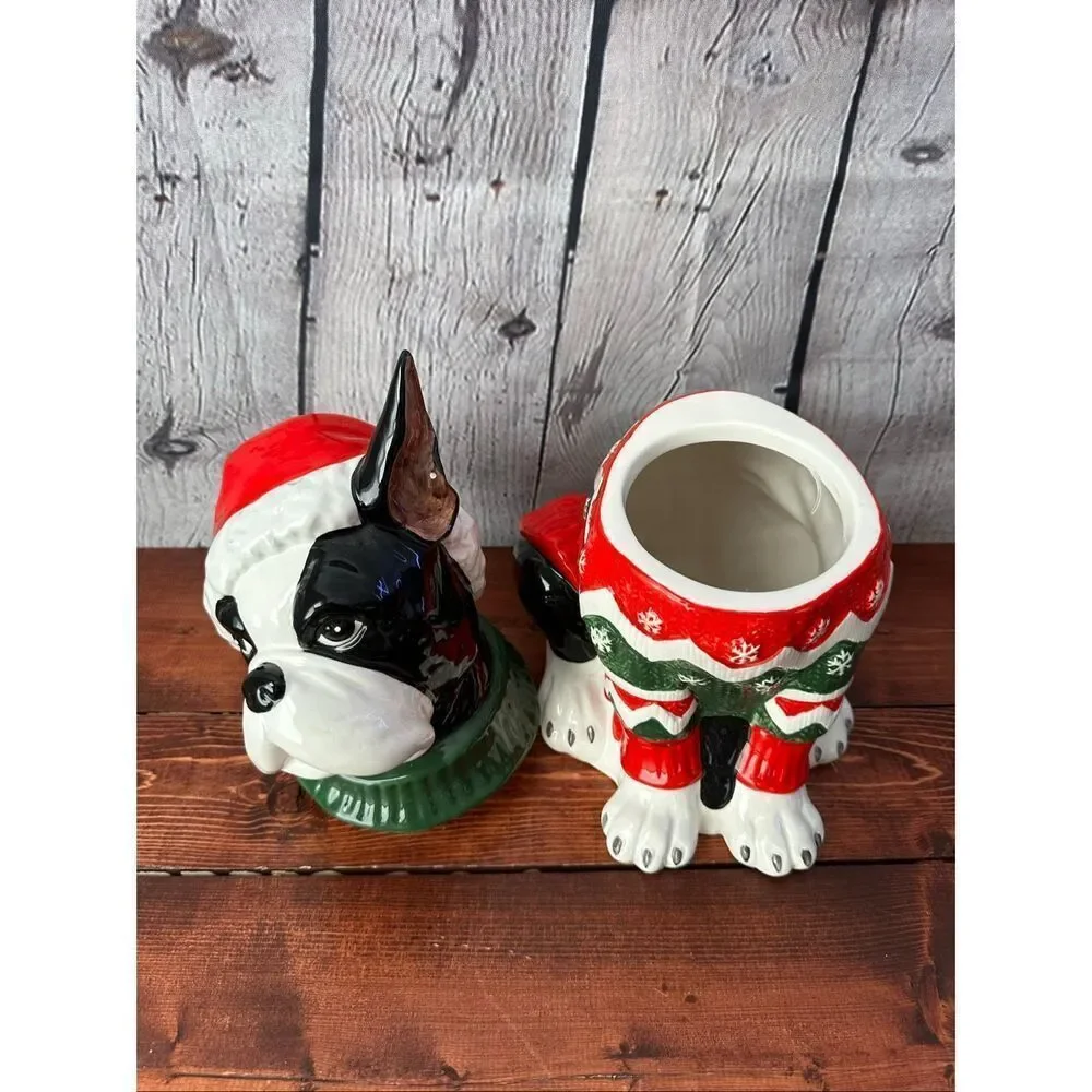 Blue Sky Clay Works Boston Terrier Christmas Cookie Jar Santa Hat Sweater 13.5”